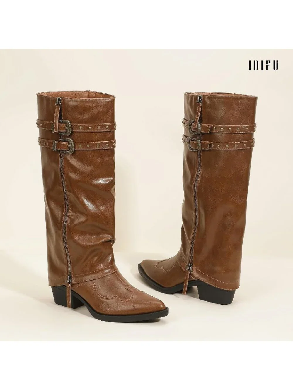 Women's Brown pu Manmade Knee High Fold Over Studded Chunky Heel Shark Boots